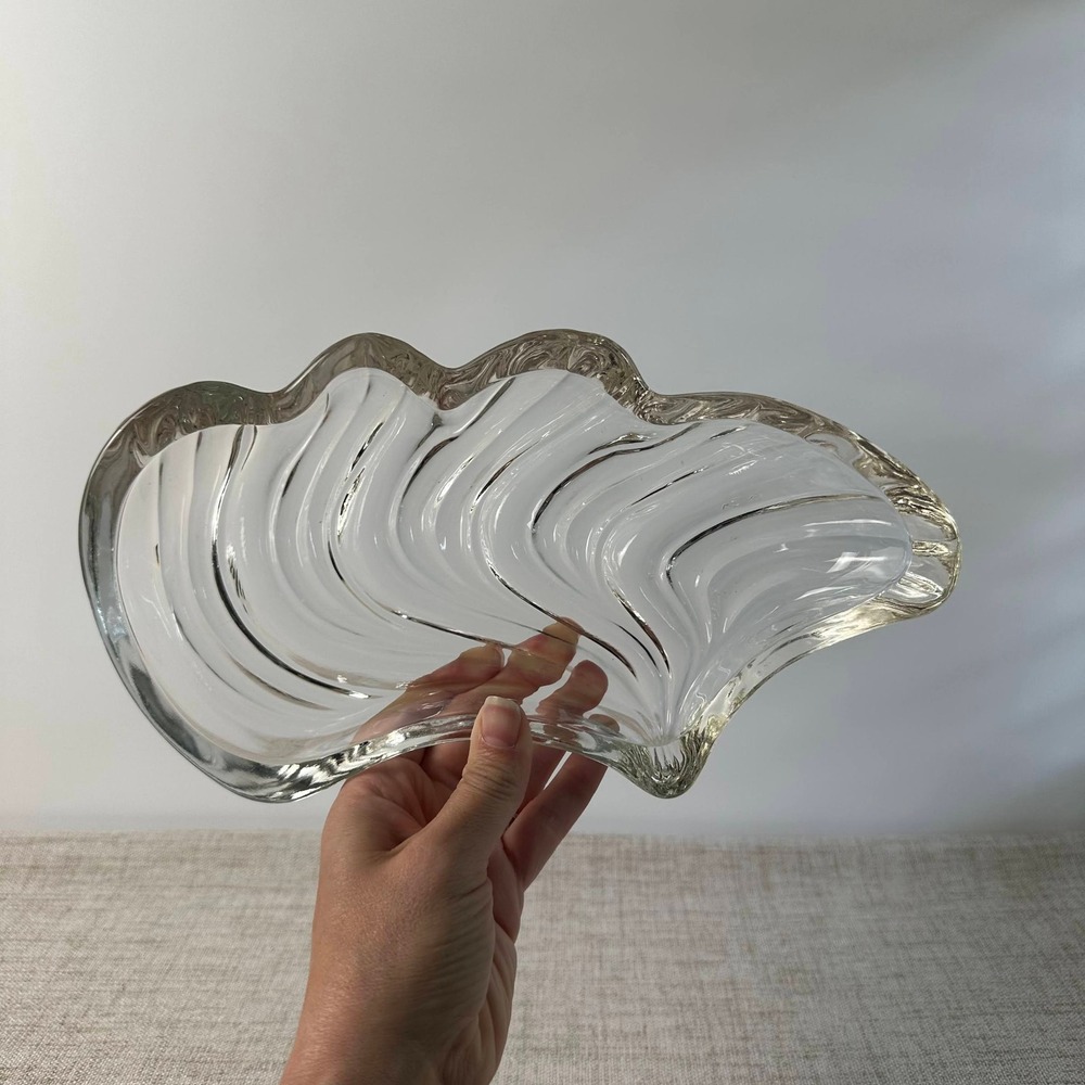 Vintage Heavy Clear Glass Freeform Dish | Swirl Ashtray Catchall | MCM Art Glass